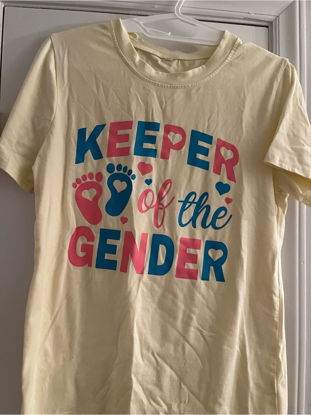 Keeper of the Gender Woman’s Tee - Yellow with Pink & Blue Print